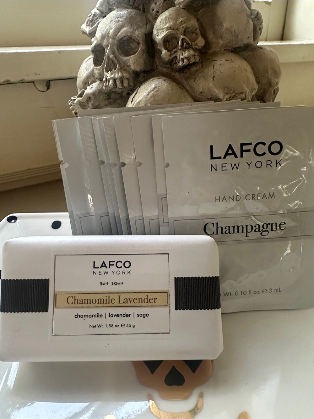 Lafco Chamomile Lavender Sage Soap & Champagne Hand Cream Samples.